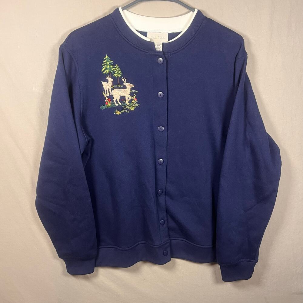 Studio Works‎ Women’s Cardigan Large Blue Embroidered Deer Woodland Button Front